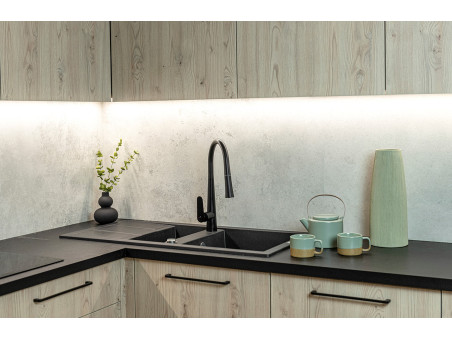 Granitspüle 1,5-Becken in Schwarz BARBADOS 100x48 mit Ablaufplatte | Siphon im SET!