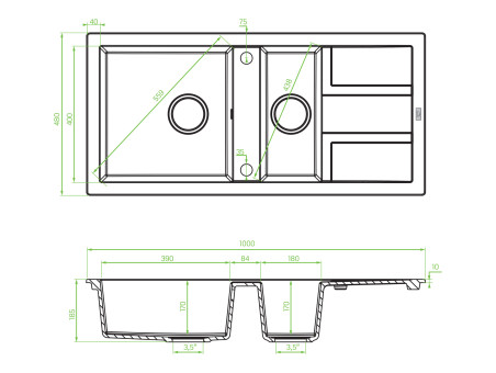 Granitspüle 1,5-Becken in Schwarz BARBADOS 100x48 mit Ablaufplatte | Siphon im SET!