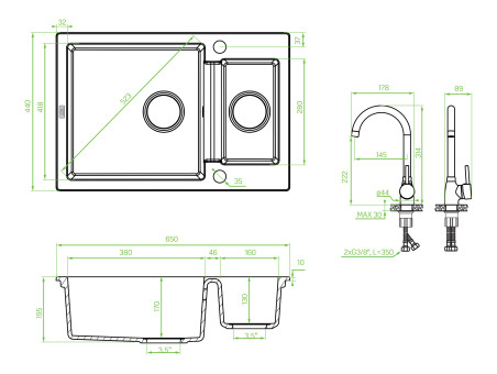 SET Spültischarmatur und Granitspüle 1,5-Becken in Grau CELIA 65x44 | Siphon im SET!