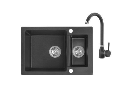 SET Spültischarmatur und Granitspüle 1,5-Becken in Schwarz CELIA 65x44 | Siphon im SET!