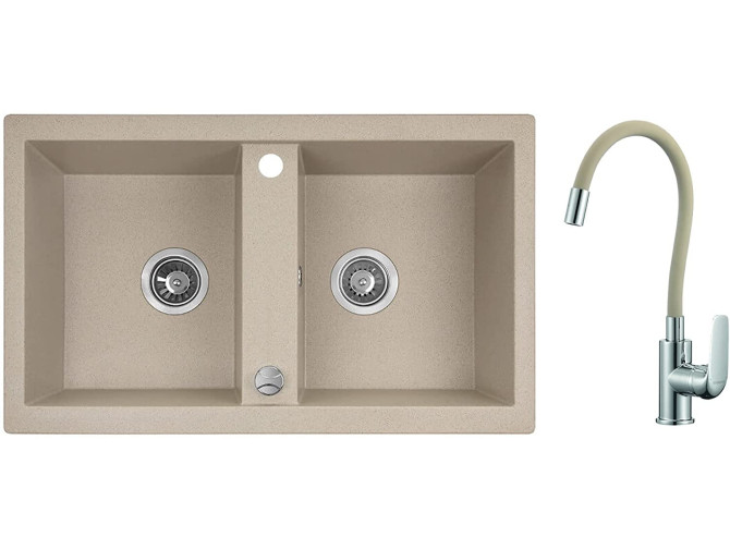 SET Spültischarmatur und Granitspüle 2-Becken in Beige BARBADOS 78x48 | Siphon im SET!