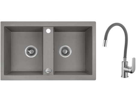 SET Spültischarmatur und Granitspüle 2-Becken in Grau BARBADOS 78x48 | Siphon im SET!