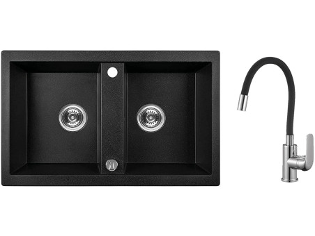 SET Spültischarmatur und Granitspüle 2-Becken in Schwarz BARBADOS 78x48 | Siphon im SET!
