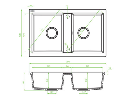 Granitspüle 2-Becken in Beige BARBADOS 78x48 | Siphon im SET!