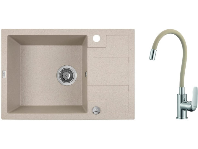 SET Spültischarmatur und Granitspüle 1-Becken in Beige BARBADOS 65x44 mit kurzer Ablaufplatte | Siphon im SET!
