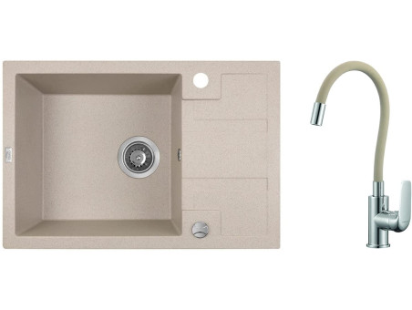 SET Spültischarmatur und Granitspüle 1-Becken in Beige BARBADOS 65x44 mit kurzer Ablaufplatte | Siphon im SET!