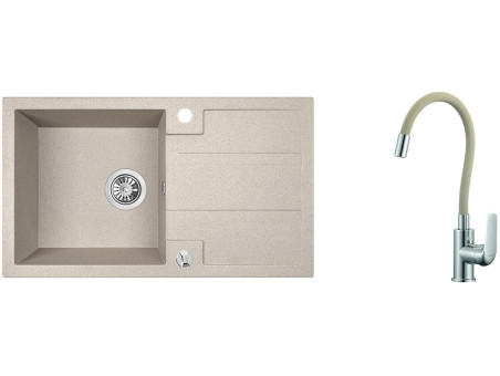 SET Spültischarmatur und Granitspüle 1-Becken in Beige BARBADOS 76x44 mit Ablaufplatte | Siphon im SET!