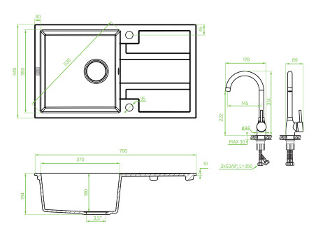 SET Spültischarmatur und Granitspüle 2-Becken in Grau CELIA 76x48 | Siphon im SET!