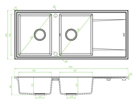 Granitspüle 2-Becken in Grau MEGALO 116x50 mit Ablaufplatte | Siphon im SET!
