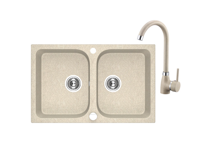 SET Spültischarmatur und Granitspüle 2-Becken in Beige CELIA 76x48 | Siphon im SET!