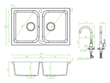 SET Spültischarmatur und Granitspüle 2-Becken in Beige CELIA 76x48 | Siphon im SET!