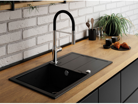 Granitspüle 1-Becken in Schwarz BARBADOS 76x44 mit Ablaufplatte | Siphon im SET!