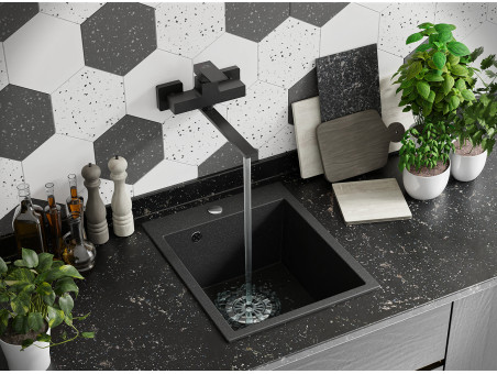 Granitspüle 1-Becken in Schwarz CHICHI 39x48 | Siphon im SET!