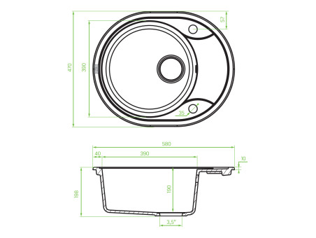 Granitspüle 1-Becken in Grau DAFNE 58x47 mit kurzer Ablaufplatte | Siphon im SET!