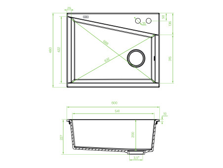 Granitspüle 1-Becken in Schwarz GRENADA 60x48 | Siphon im SET!