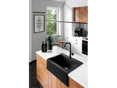 Granitspüle mit Schürze 1-Becken in Schwarz KOMODO 63x49 | Siphon im SET!