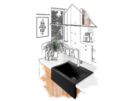 Granitspüle mit Schürze 1-Becken in Schwarz KOMODO 63x49 | Siphon im SET!