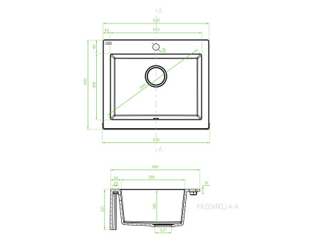 Granitspüle mit Schürze 1-Becken in Schwarz KOMODO 63x49 | Siphon im SET!