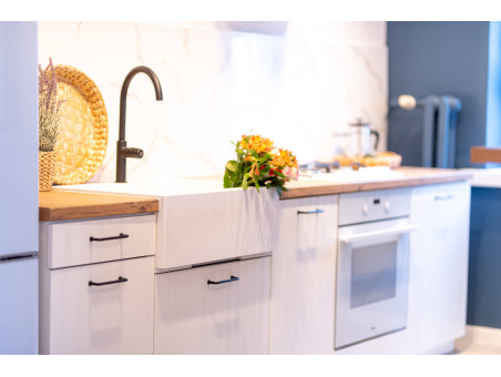 Granitspüle mit Schürze 1-Becken in Weiß KOMODO 63x49 | Siphon im SET!