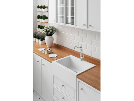 Granitspüle mit Schürze 1-Becken in Weiß KOMODO 63x49 | Siphon im SET!