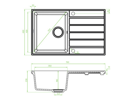 Granitspüle 1-Becken in Beige MARGARITA 79x49 mit Ablaufplatte | Siphon im SET!