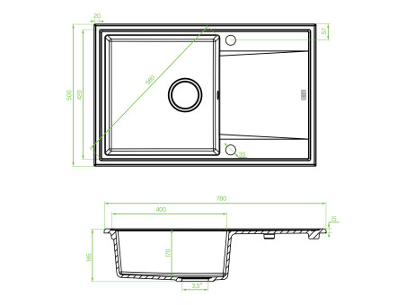 Granitspüle 1-Becken in Beige MEGALO 78x50 mit Ablaufplatte | Siphon im SET!