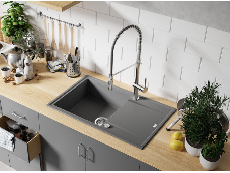 Granitspüle 1-Becken in Grau MEGALO 78x50 mit Ablaufplatte | Siphon im SET!