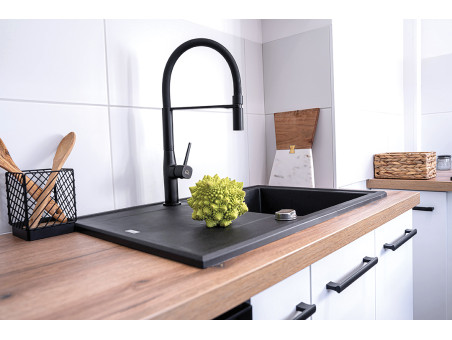 Granitspüle 1-Becken in Schwarz MEGALO 78x50 mit Ablaufplatte | Siphon im SET!