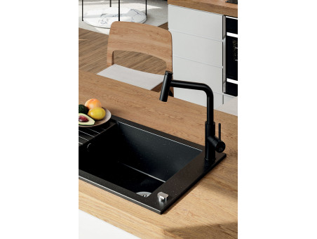 Granitspüle 1-Becken in Schwarz PIONIERO 78x50 mit kurzer Ablaufplatte | Siphon im SET!