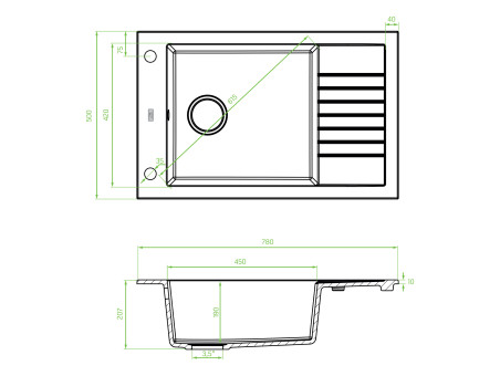 Granitspüle 1-Becken in Schwarz PIONIERO 78x50 mit kurzer Ablaufplatte | Siphon im SET!