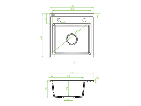 Granitspüle 1-Becken in Beige T.III 44x44 | Siphon im SET!