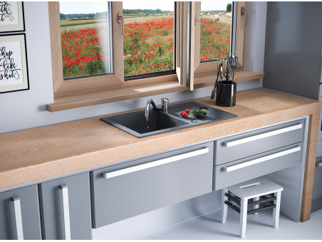 Granitspüle 1-Becken in Grau T.III 79x48 mit Ablaufplatte | Siphon im SET!