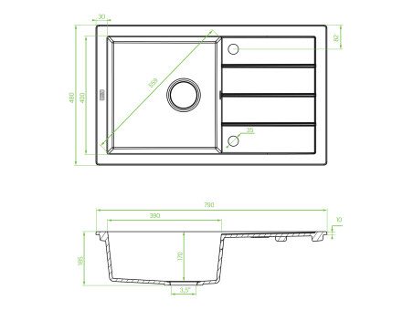Granitspüle 1-Becken in Grau T.III 79x48 mit Ablaufplatte | Siphon im SET!