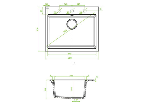 Granitspüle 1-Becken in Grau TAU 60x50 | Siphon im SET!