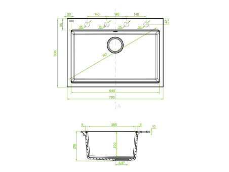 Granitspüle 1-Becken in Grau TAU 70x50 | Siphon im SET!