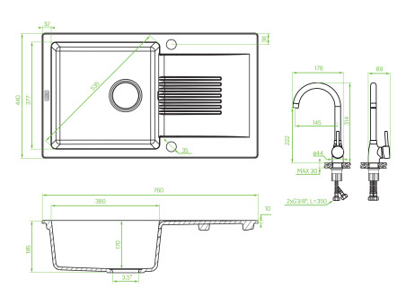 SET Spültischarmatur und Granitspüle 1-Becken in Schwarz CELIA 76x44 mit Ablaufplatte | Siphon im SET!