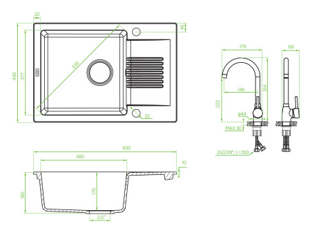 SET Spültischarmatur und Granitspüle 1-Becken in Schwarz CELIA 65x44 mit kurzer Ablaufplatte | Siphon im SET!