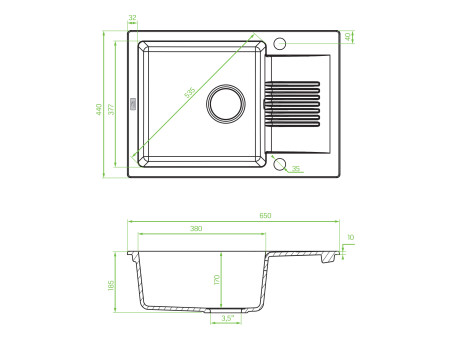 Granitspüle 1-Becken in Grau CELIA 65x44 mit kurzer Ablaufplatte | Siphon im SET!