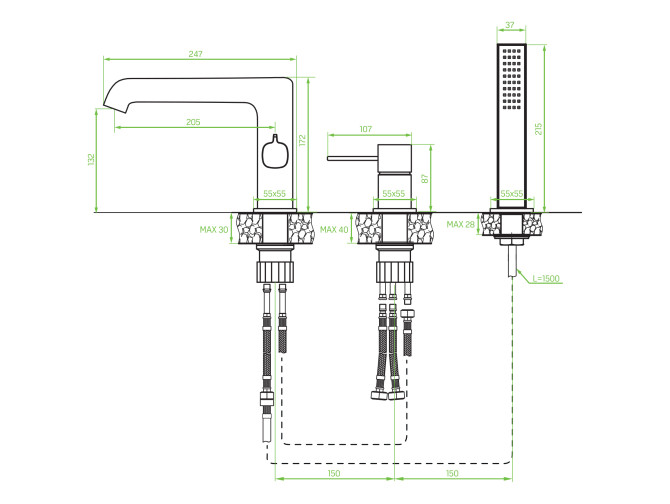 Badewannenarmatur in Silber 3-Loch...
