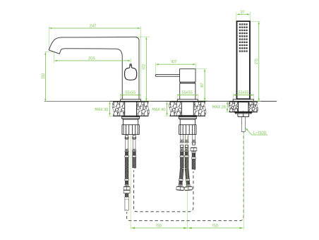 Badewannenarmatur in Silber 3-Loch POLLA Badarmatur Wannenbatterie