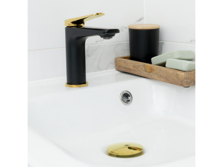 Waschtischarmatur in Schwarz-Gold RUBIO Kleine Wasserhahn Mischbatterie + Click-Clack