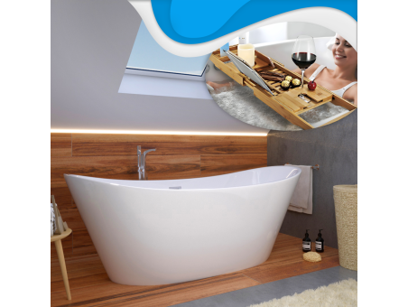 Freistehende Badewanne ROSSA 170x80 + Wannenkissen + Bambus Ablage | Ablauf Klick-Klack im SET!