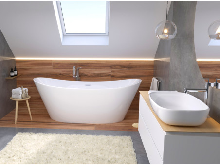Freistehende Badewanne ROSSA 170x80 + Wannenkissen + Bambus Ablage | Ablauf Klick-Klack im SET!