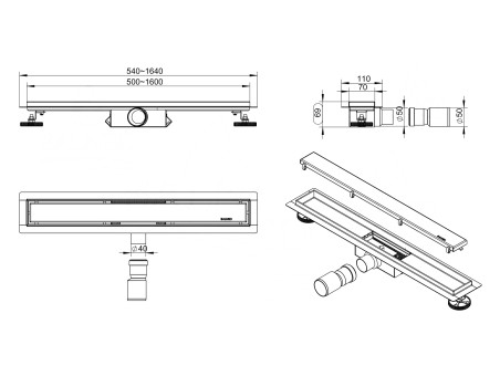 Komplettset Duschrinnen DUPLEXA NEXT 130, Edelstahl Silber, 2in1 Befliesbar Abfluss