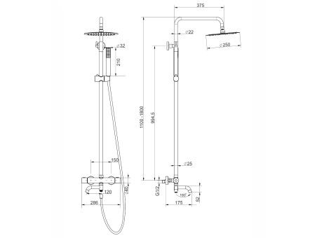 Dusch-Set in Schwarz LUGO Thermostatisch Duschsäule mit Auslauf