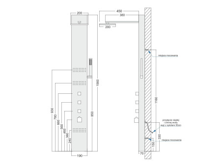 Duschpaneel in Stahl NEOK Thermostatisch mit Auslauf, Duschsäule, Massagedusche