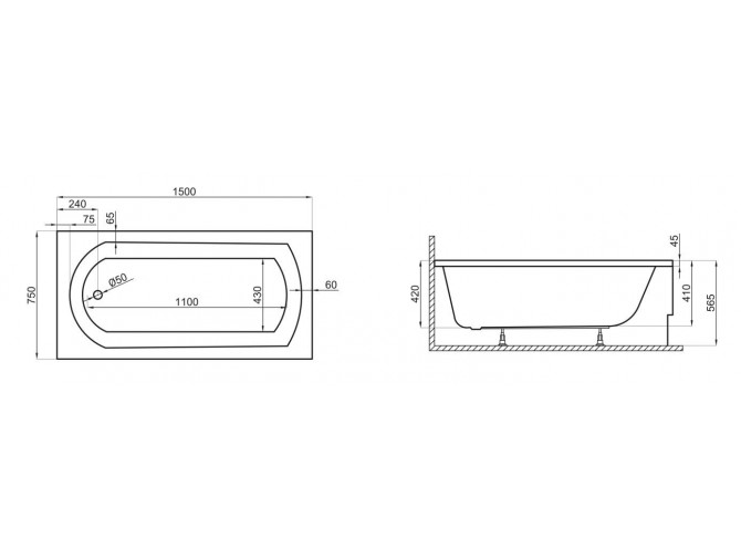 Badewanne Rechteck Classic 150x75 |... Badewanne Rechteck Classic 150x75 |...