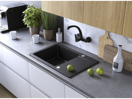 Granitspüle 1-Becken in Schwarz CELEBES 65x44 mit kurzer Ablaufplatte | Siphon im SET!