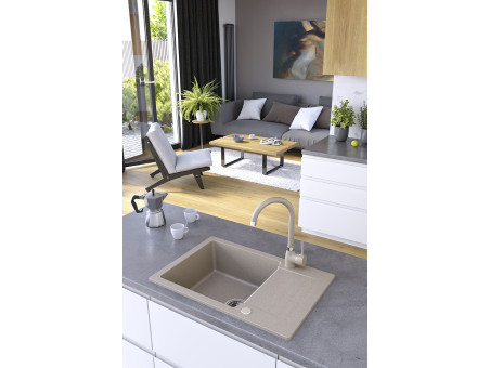 Granitspüle 1-Becken in Beige CELEBES 65x44 mit kurzer Ablaufplatte | Siphon im SET!