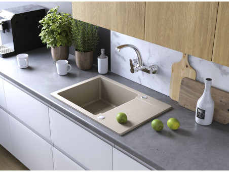 Granitspüle 1-Becken in Beige CELEBES 65x44 mit kurzer Ablaufplatte | Siphon im SET!